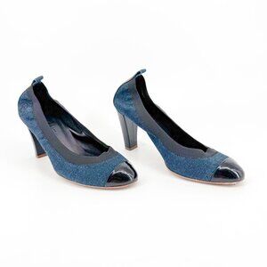Chanel Elastic CC Logo Blue Denim Pumps High Heels Size 39 US 8-8.5 Women
